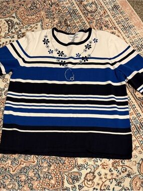 Striped Blue & White Short-Sleeve Top with Embellished Neckline